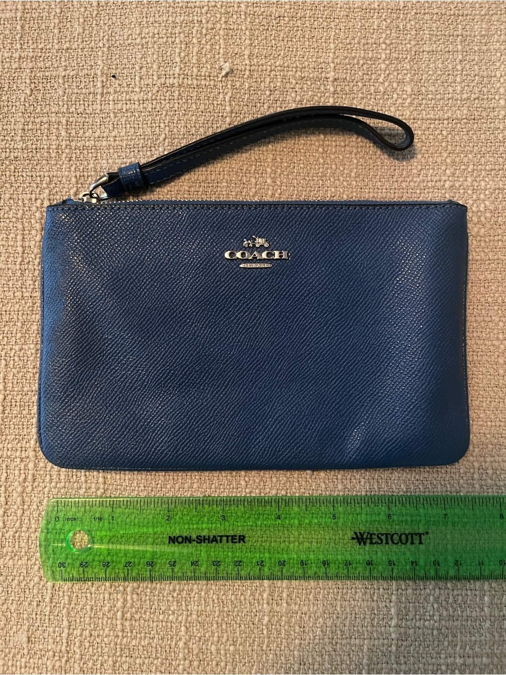 Coach Blue Leather Wristlet with Gold Logo